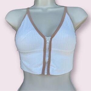 White and Brown Zip Up Crop Top